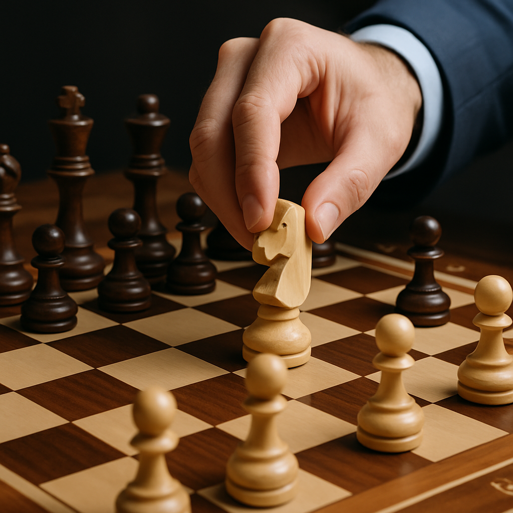 Close-up of a chessboard with a hand moving a knight piece, symbolizing the strategy and exclusivity of private investing compared with public markets