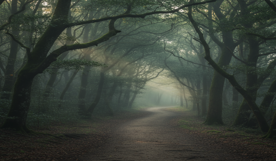 A winding forest trail disappearing into mist, with soft sunlight filtering through tall trees overhead.