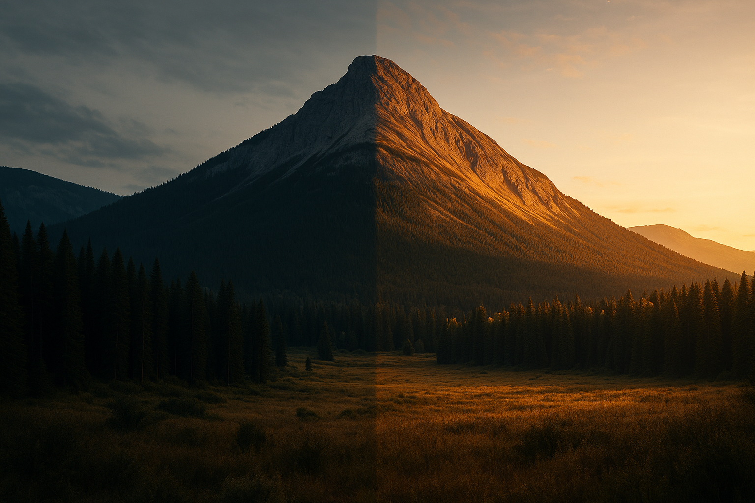 A mountain landscape divided by light and shadow, with one side illuminated by warm golden sunlight and the other in cool shadow, symbolizing balance and opposing perspectives.