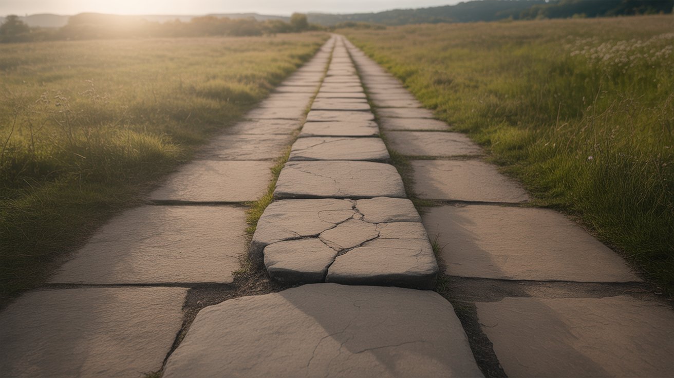 A cracked stone path stretching into the horizon through grassy fields, lit by warm golden sunlight, symbolising resilience and the long-term journey of investing